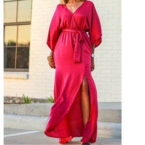 Fuchsia Satin Maxi Dress Wrap Long Dress NEW